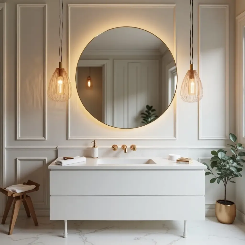 a photo of a chic bathroom with elegant pendant lighting in a rose gold finish