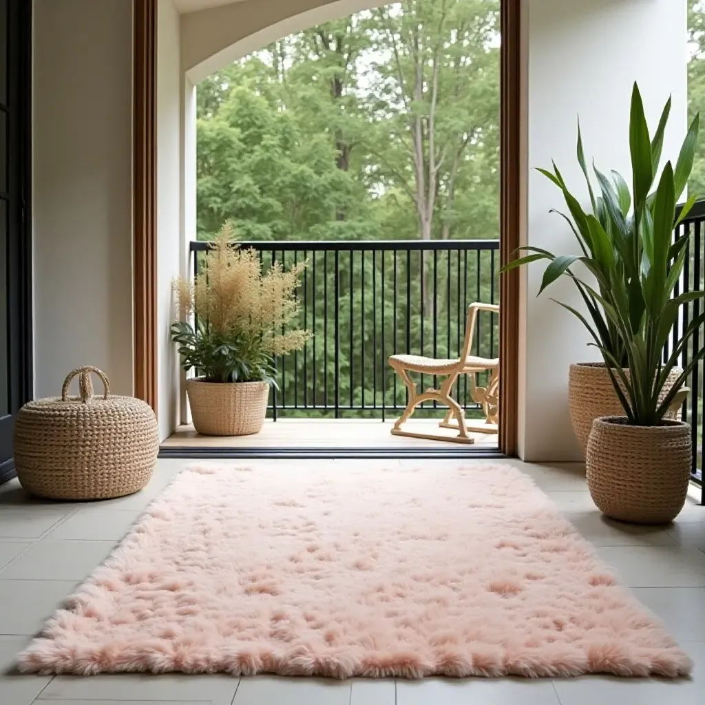 a photo of a soft pastel rug on a serene balcony with greenery