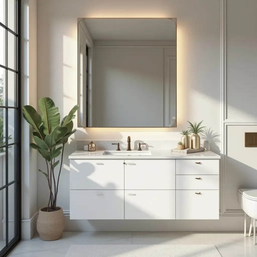 a photo of a trendy bathroom with metallic accents in the mirror frame