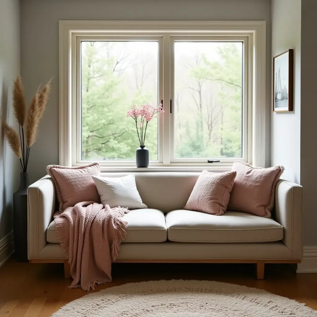 a photo of a breakfast nook with a comfortable sofa and decorative throw blankets