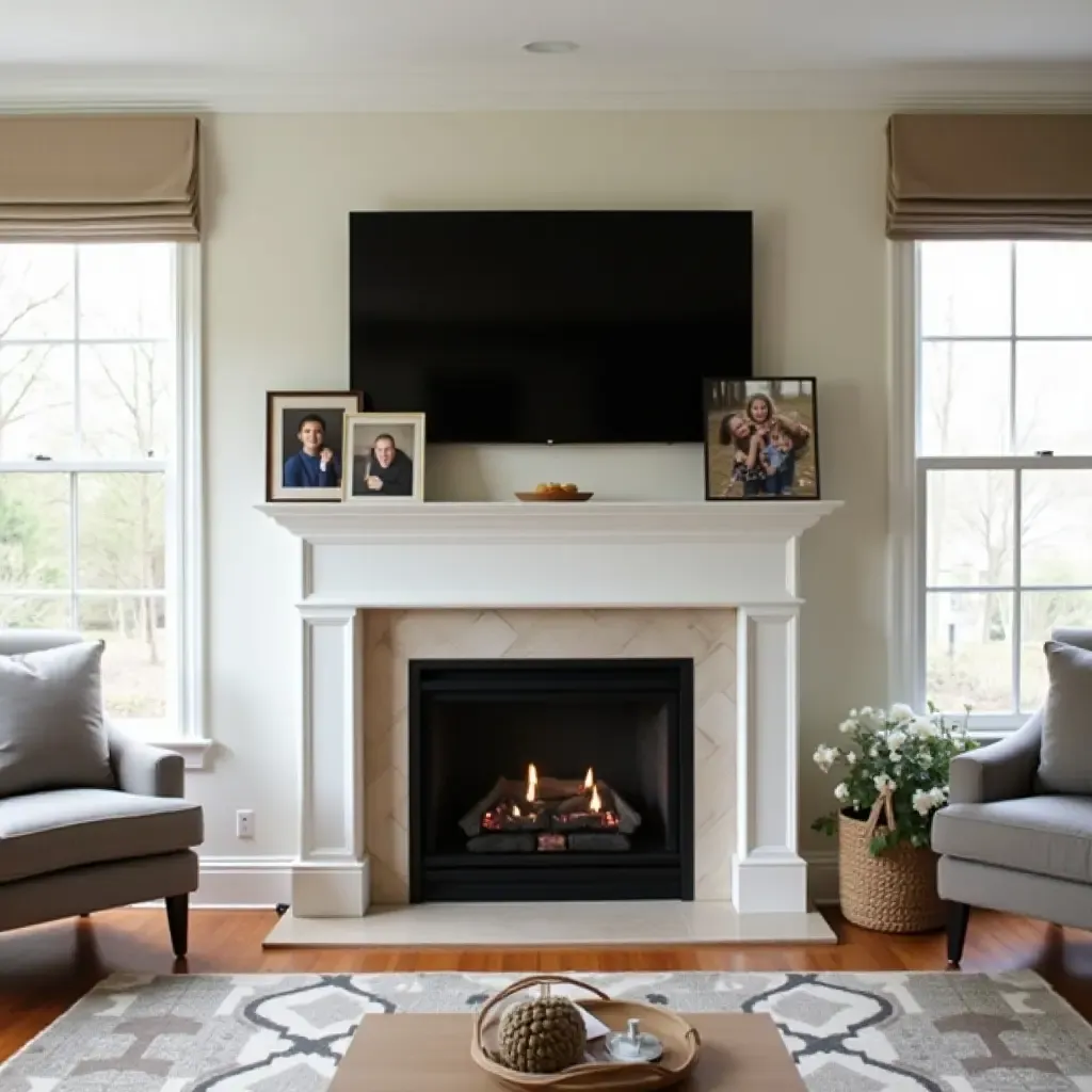 a photo of a family room with a TV above a fireplace mantel adorned with family photos