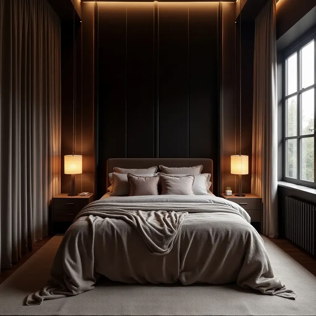 a photo of a bedroom with dark velvet curtains and a plush bedspread