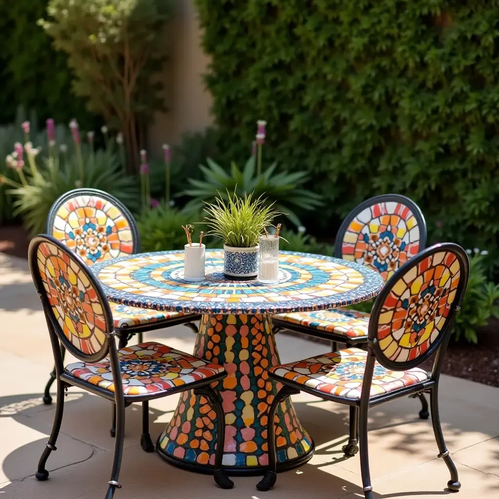 a photo of a patio with a colorful mosaic table and chairs