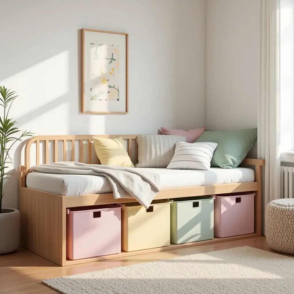 a photo of a bright bedroom with colorful storage bins