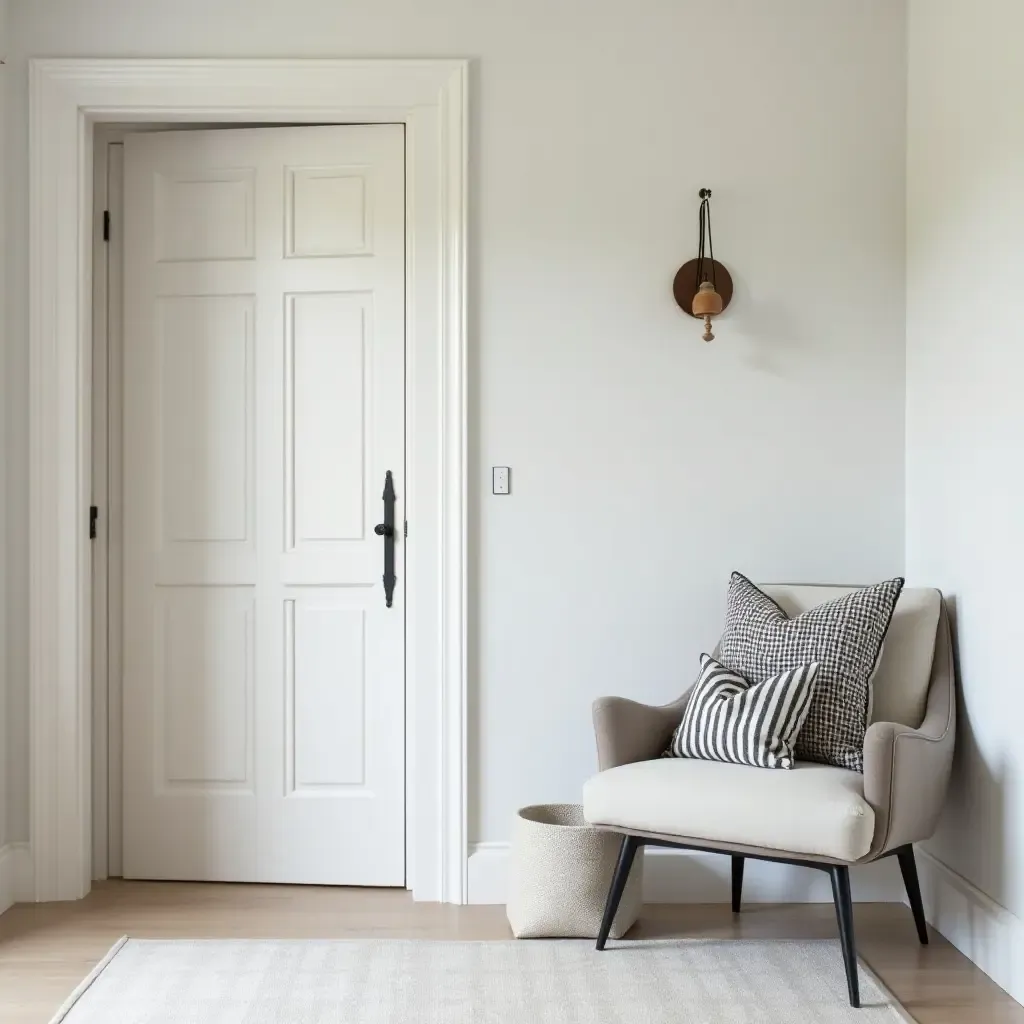 a photo of a minimalist entrance hall featuring monochrome throw pillows on a chair