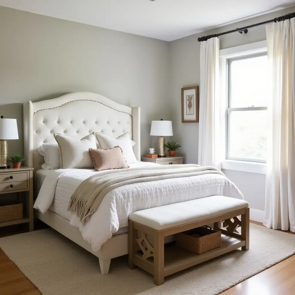 a photo of a warm and inviting teen bedroom with a farmhouse-style bench at the foot of the bed