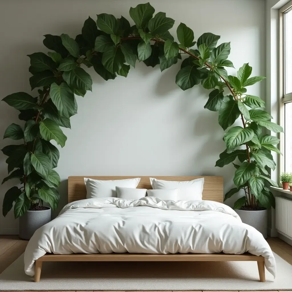 a photo of a bedroom with a large, leafy plant framing the bed