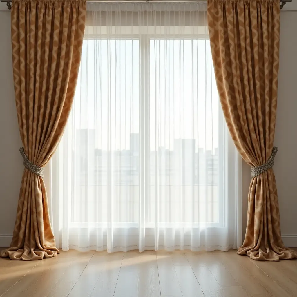 a photo of patterned curtains that flow elegantly to the floor