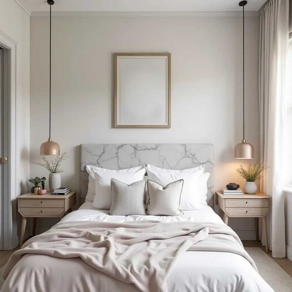 a photo of a trendy teen bedroom featuring a marble headboard and accessories