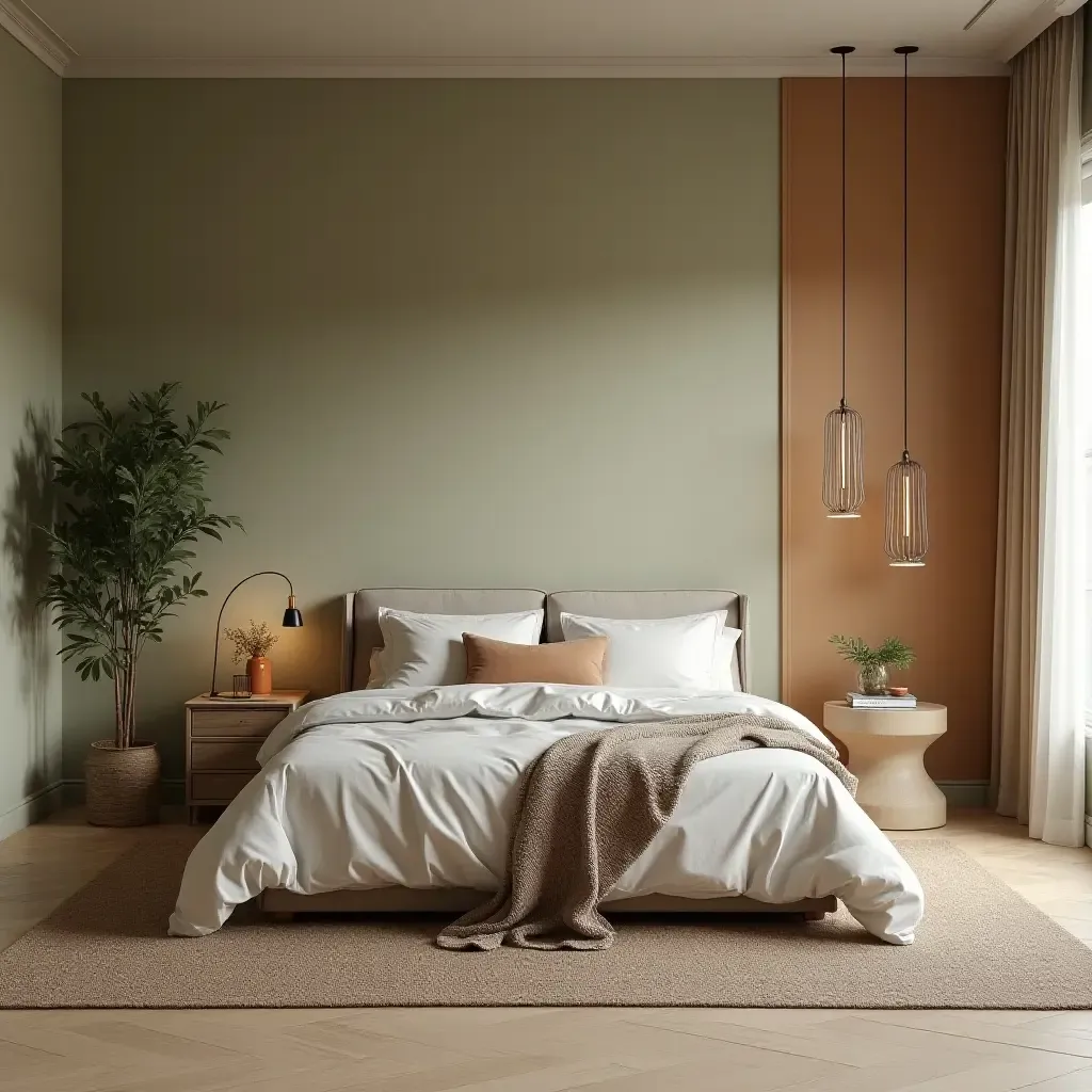 a photo of a bedroom with a nature-inspired color palette