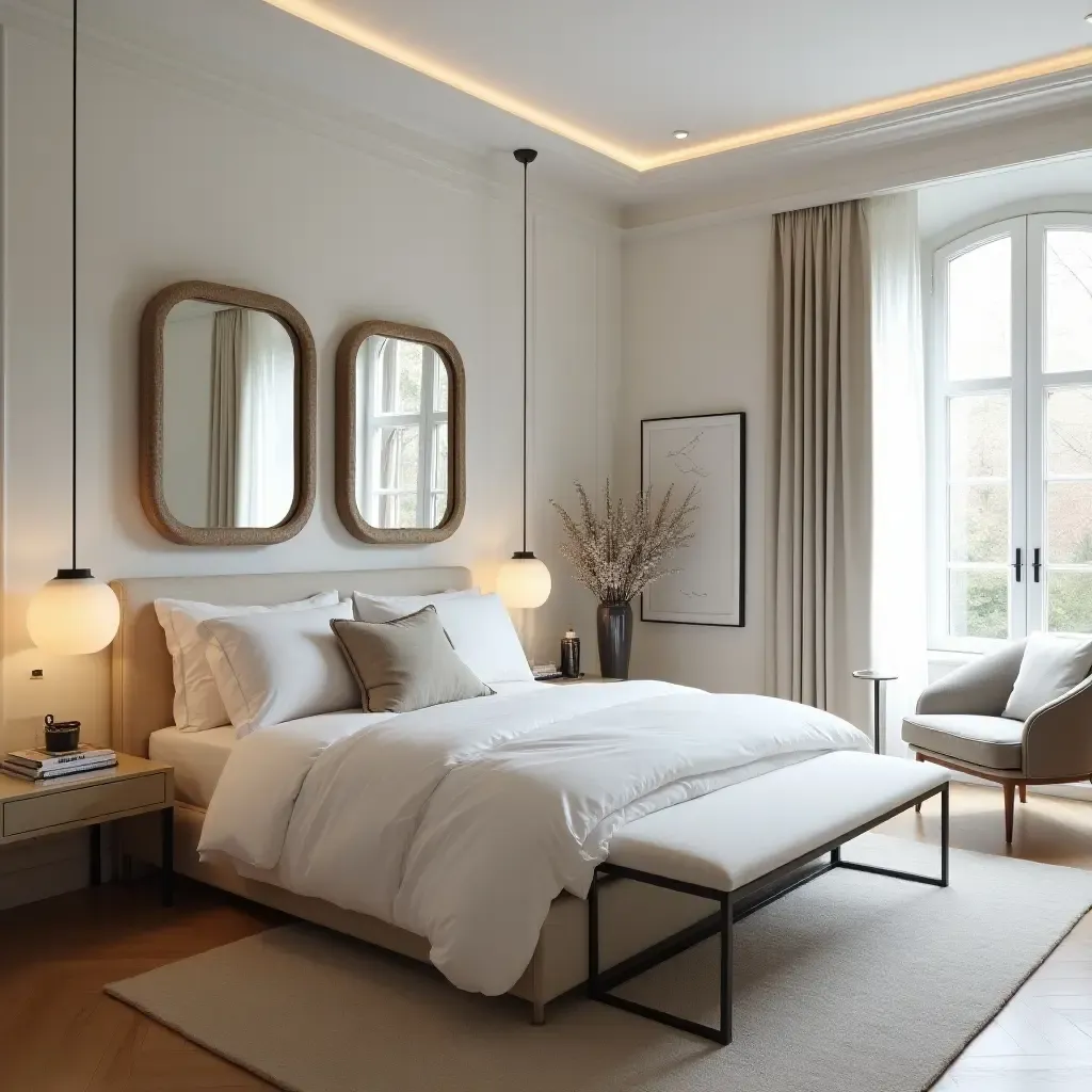 a photo of a stylish bedroom with decorative mirrors enhancing brightness