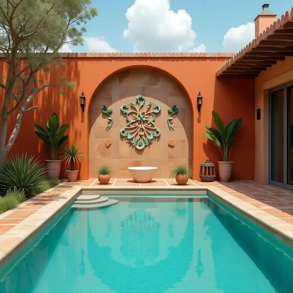 a photo of a pool with terracotta tiles and decorative wall art