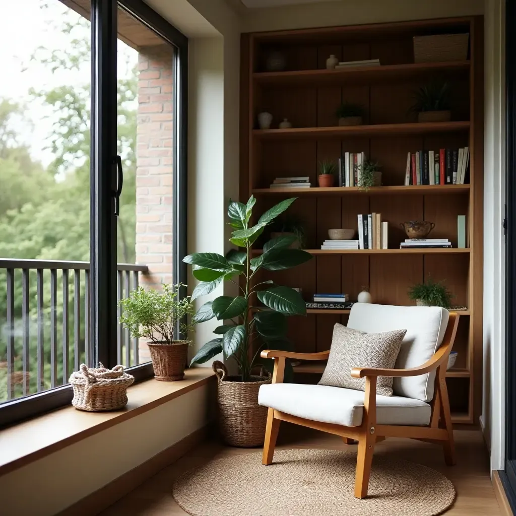 a photo of a balcony with a cozy reading nook and bookshelves