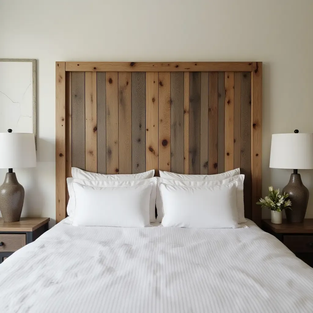 a photo of a unique headboard made from reclaimed wood and fabric