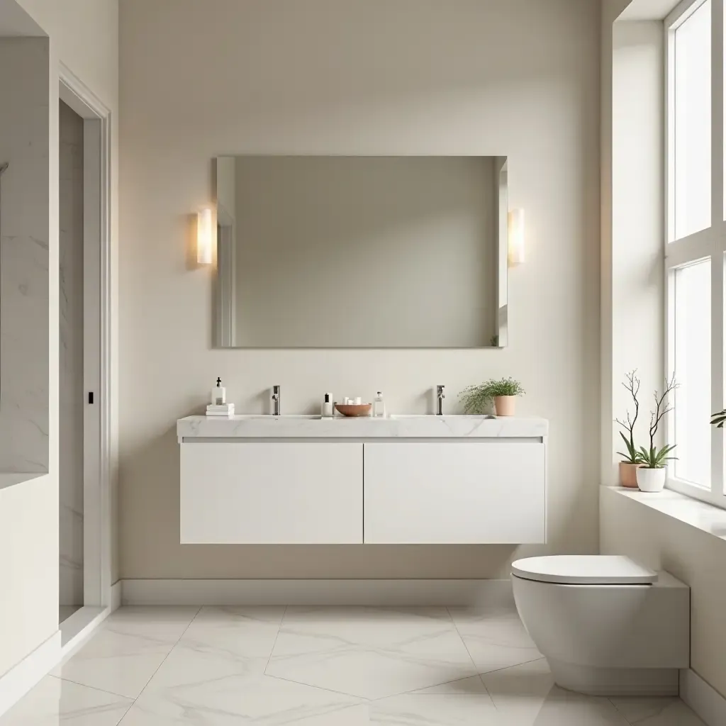 a photo of a serene bathroom with a minimalist color palette and elegant fixtures