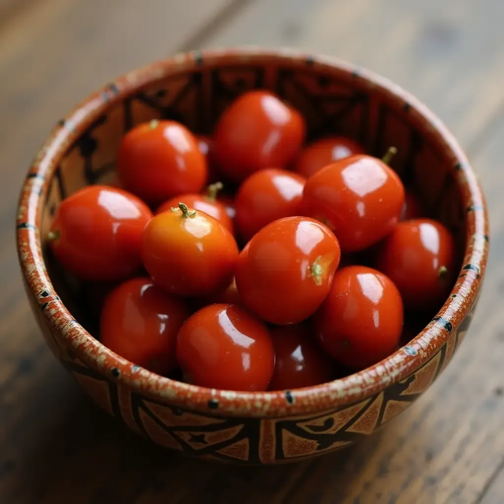 a photo of glossy yemas de Santa Teresa in a traditional ceramic bowl.