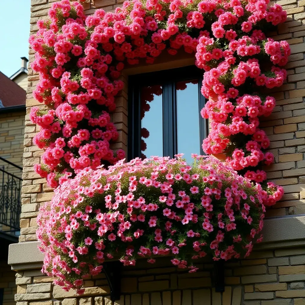 a photo of a balcony with a colorful wall of cascading petunias