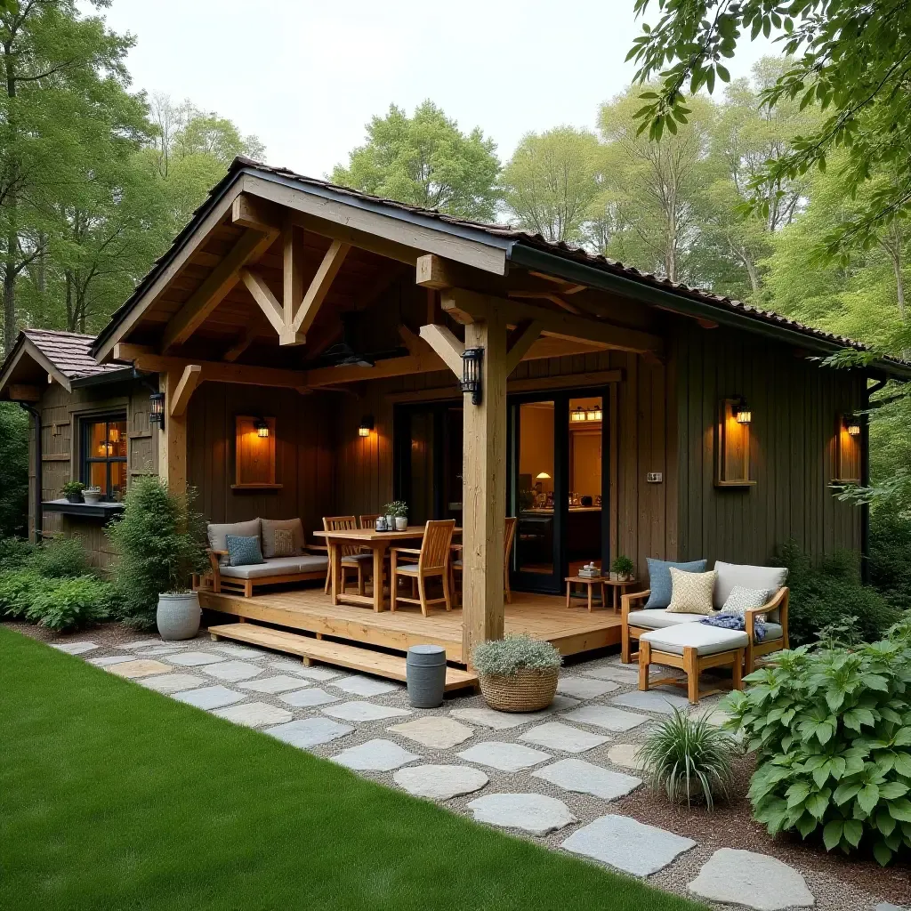 a photo of a rustic detached covered patio surrounded by lush greenery and wooden furniture