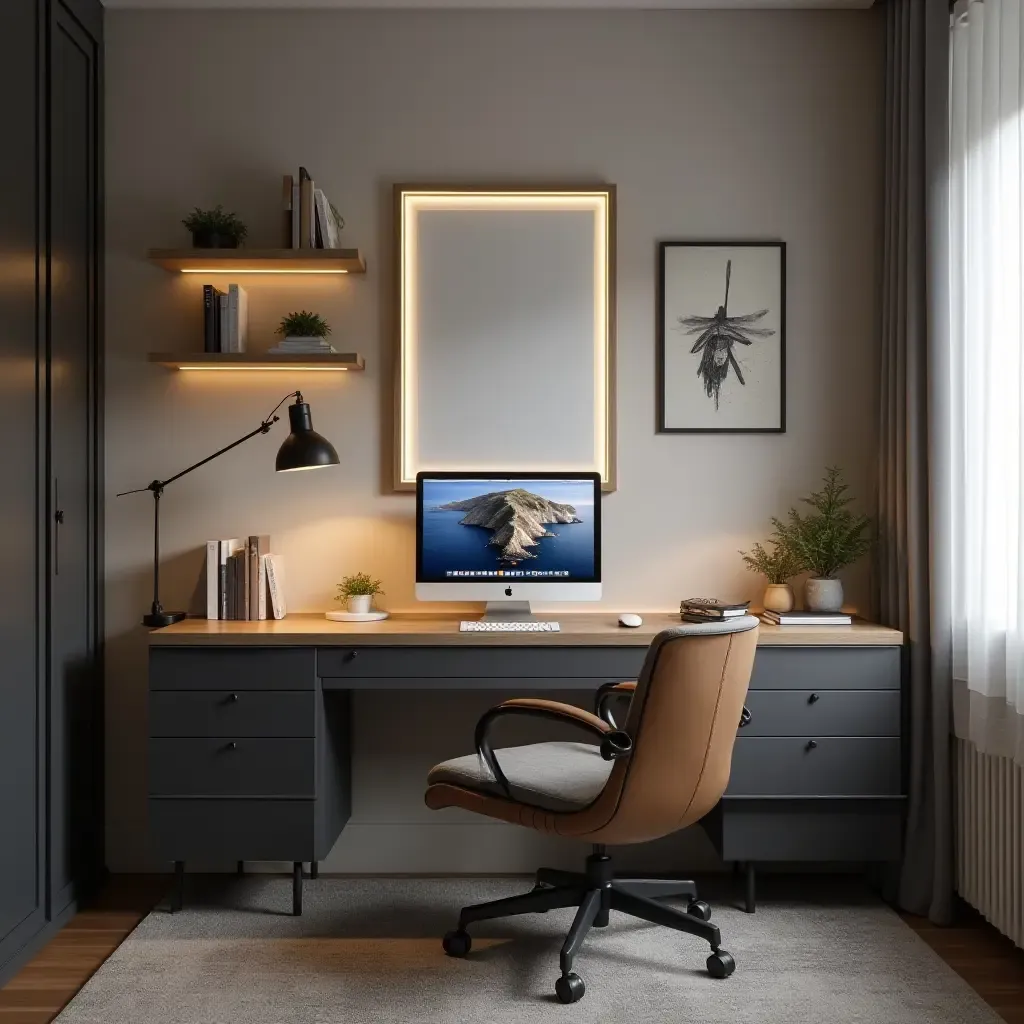 a photo of a sleek teen bedroom featuring a desk with a laptop and stationery