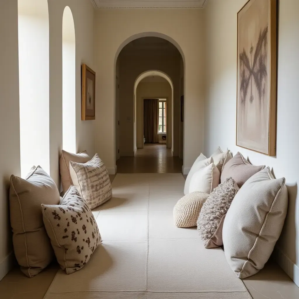 a photo of an inviting corridor showcasing throw pillows in various textures