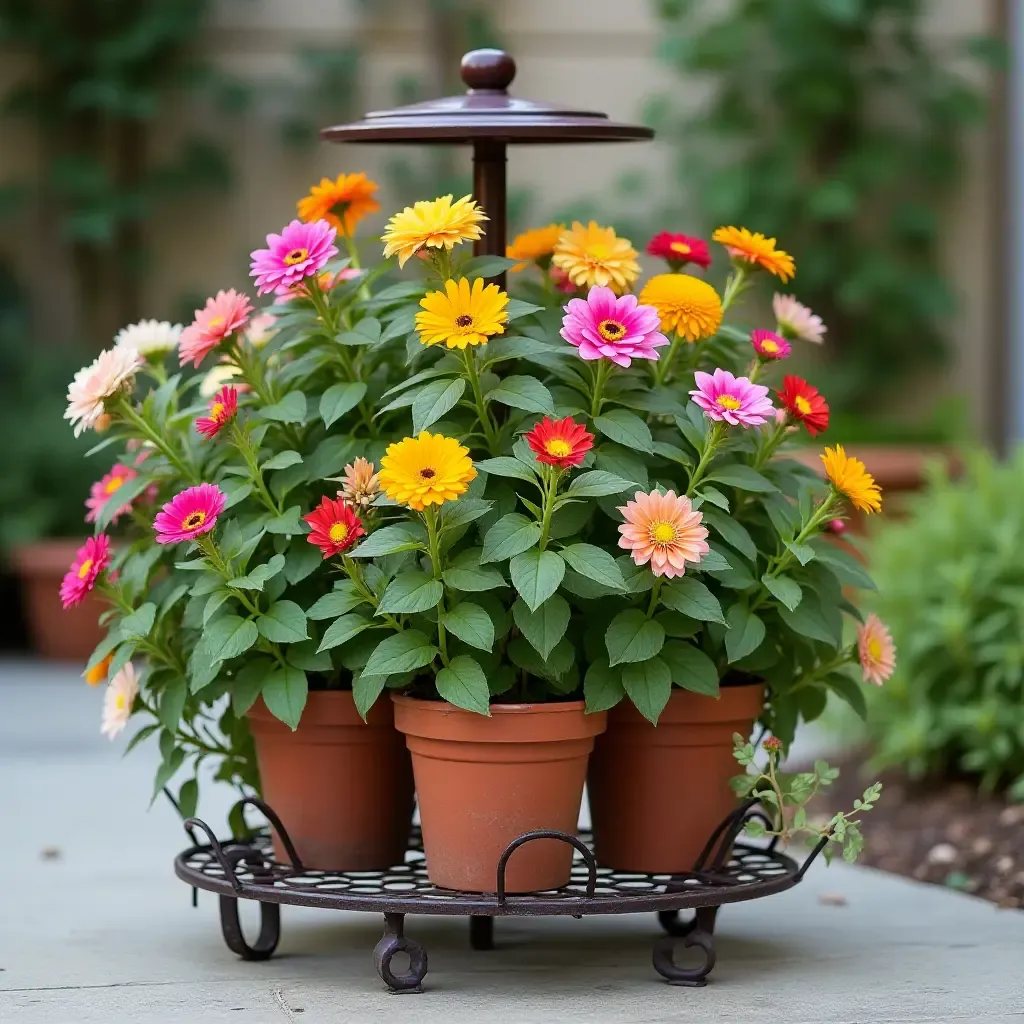 a photo of a decorative plant stand filled with colorful flowering plants