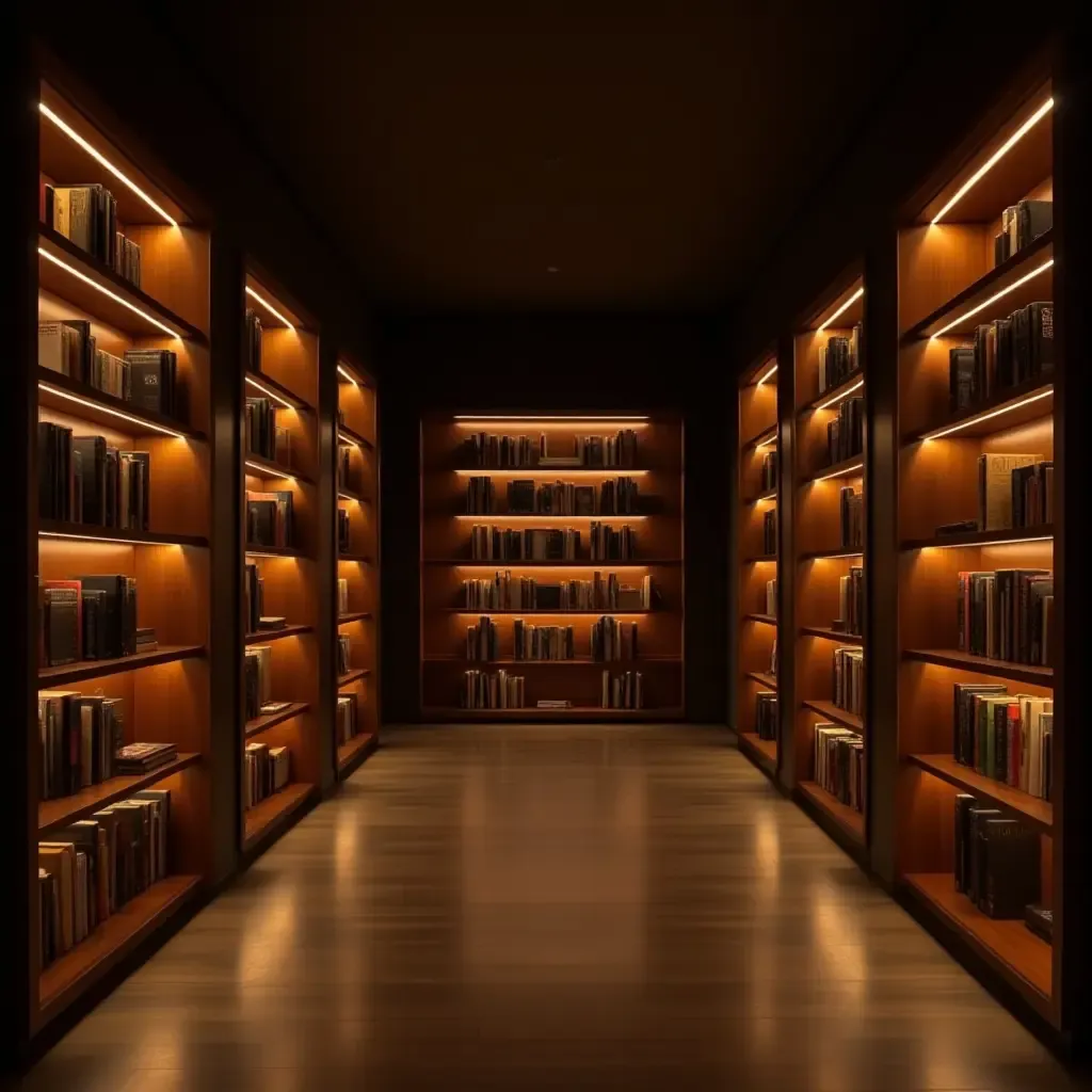 a photo of a corridor with illuminated bookshelves creating ambiance