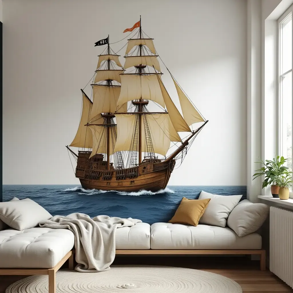 a photo of an adventurous pirate ship mural on the wall