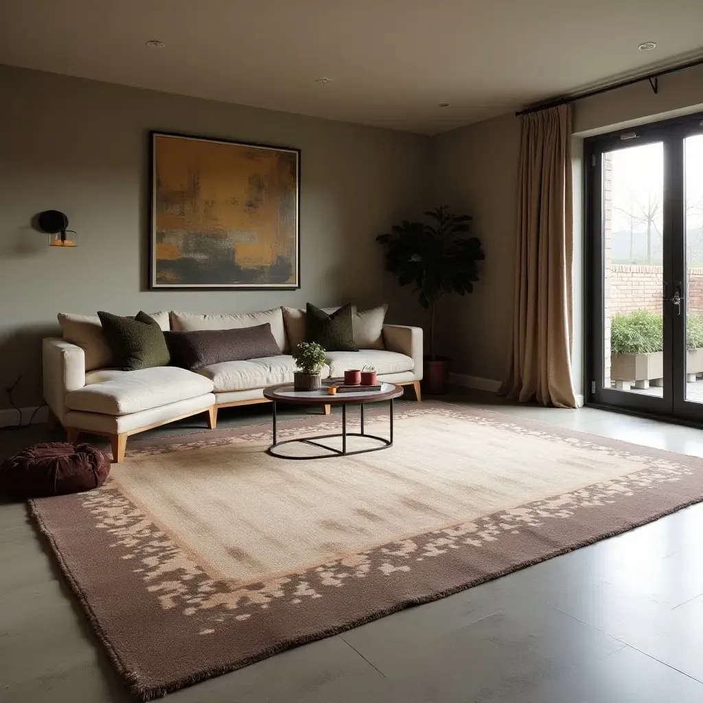 a photo of a large, statement rug in a spacious basement lounge