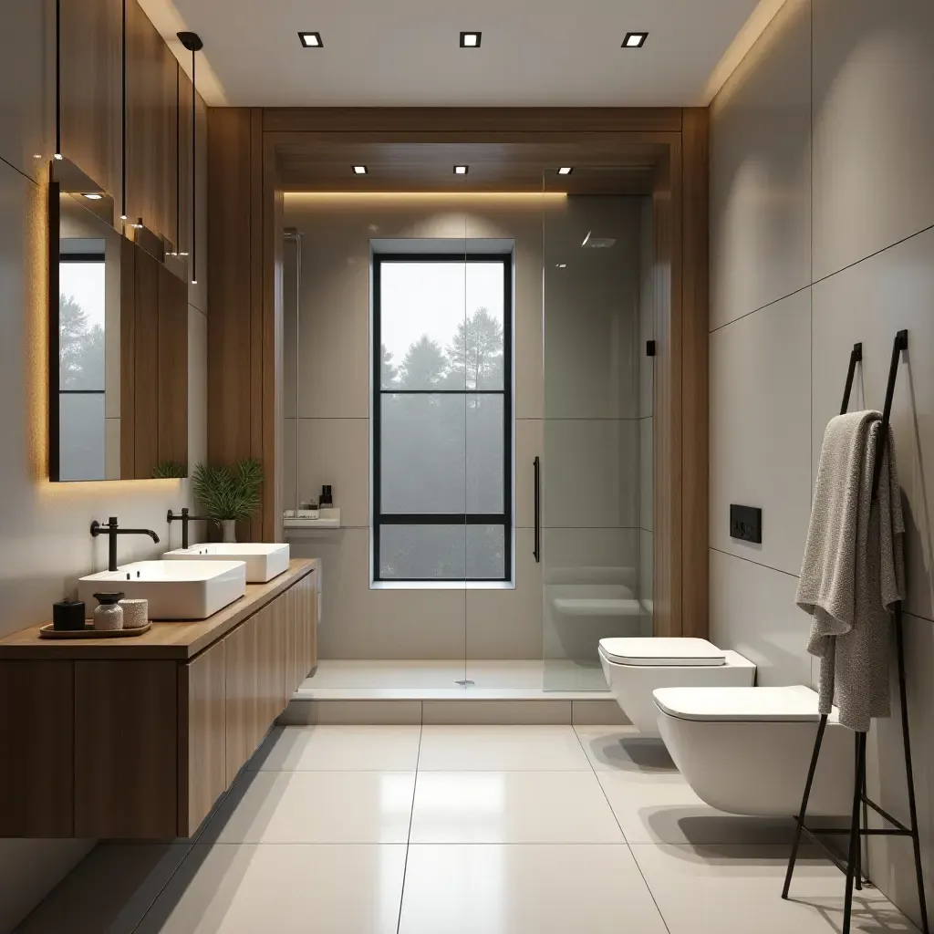 a photo of a bathroom with steel accents and wood elements