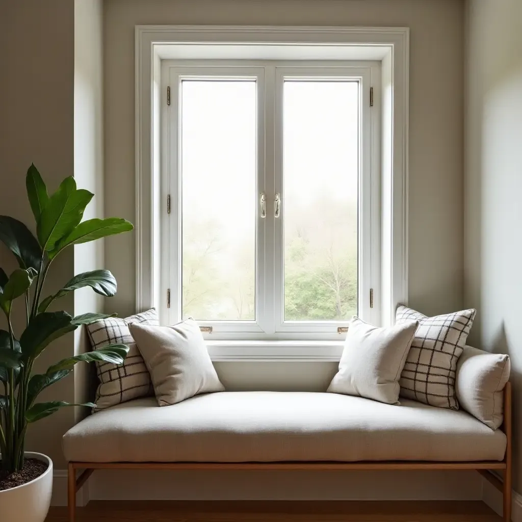 a photo of a reading nook featuring a window seat with cushions