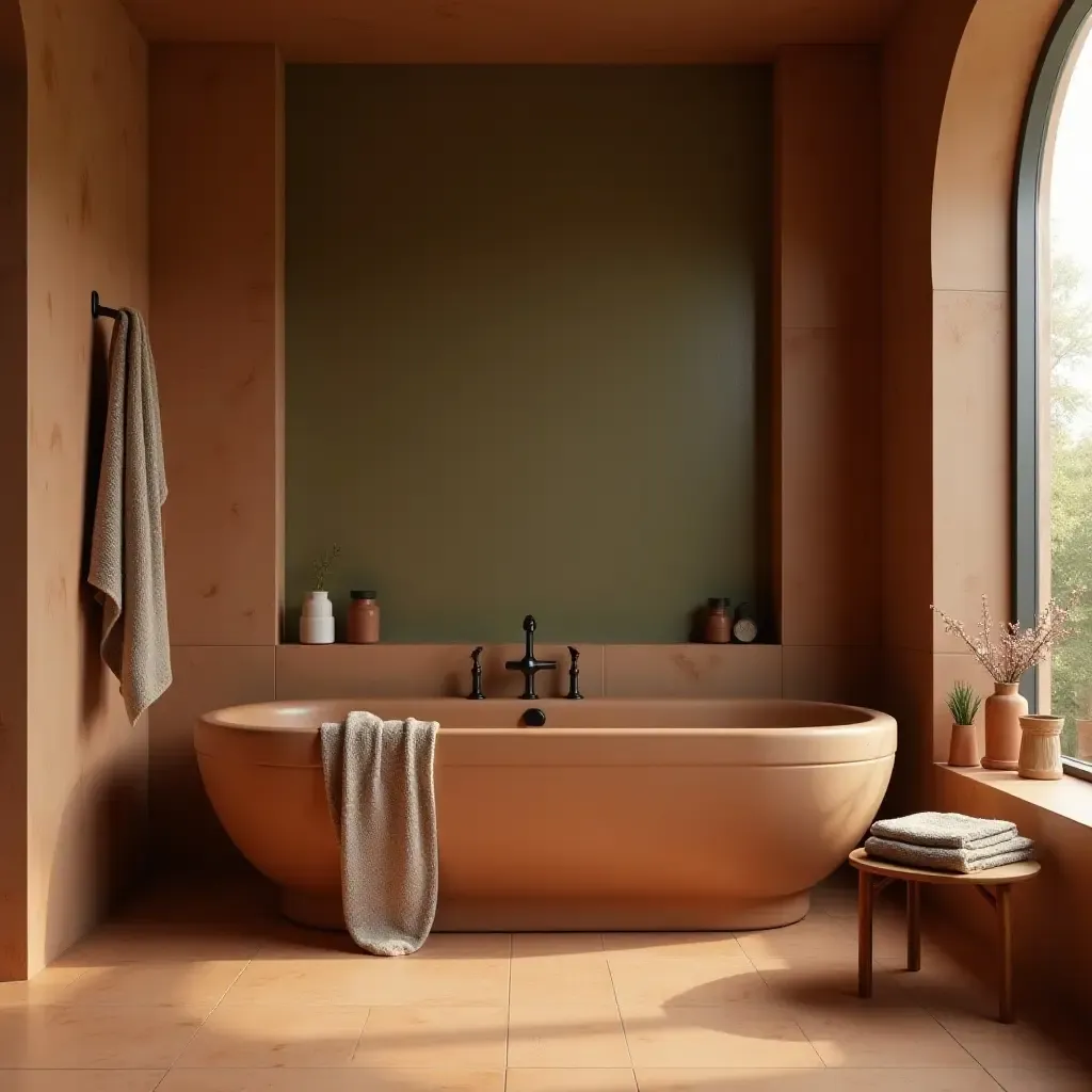 a photo of a cozy earth-toned bathroom with terracotta and olive green