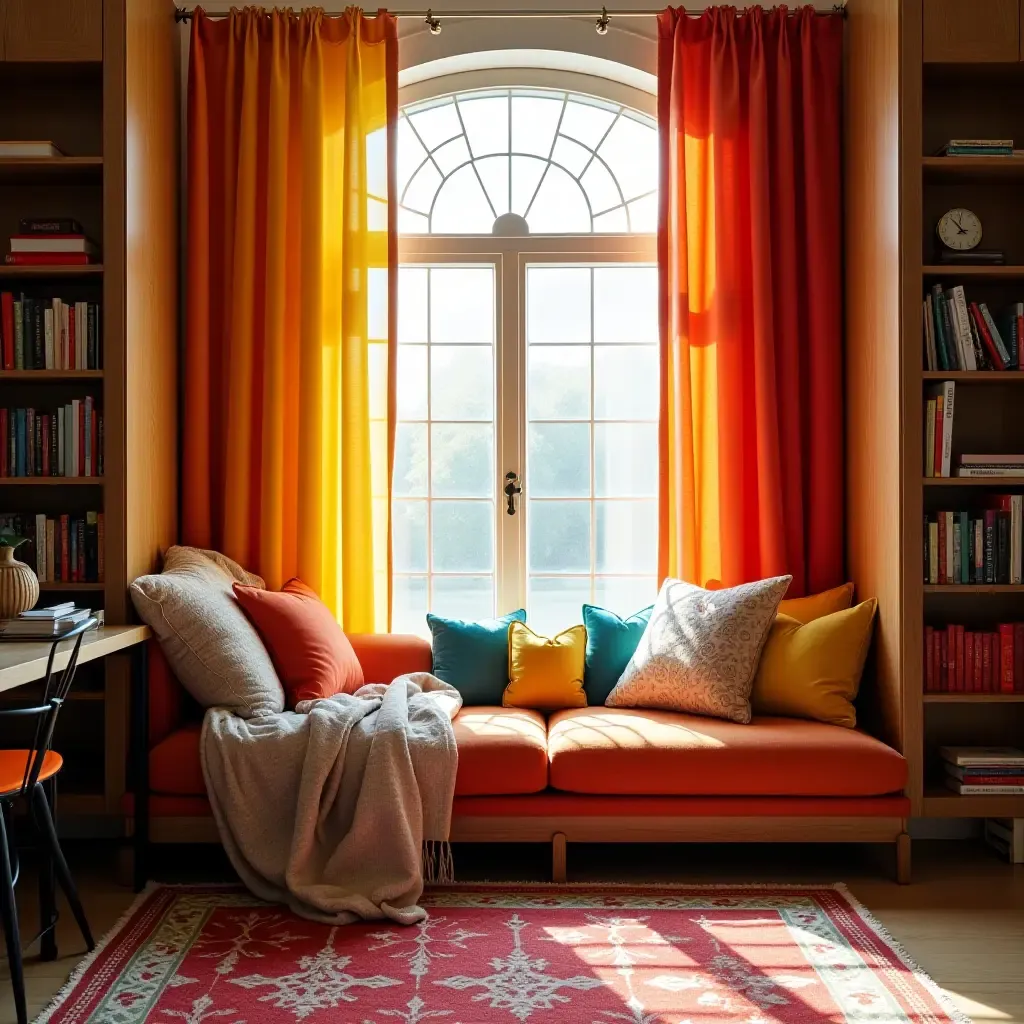 a photo of a vibrant reading nook with colorful curtains and cushions