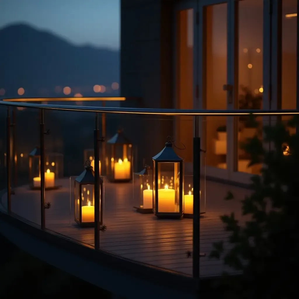 a photo of a glass balcony with elegant lanterns creating a cozy atmosphere