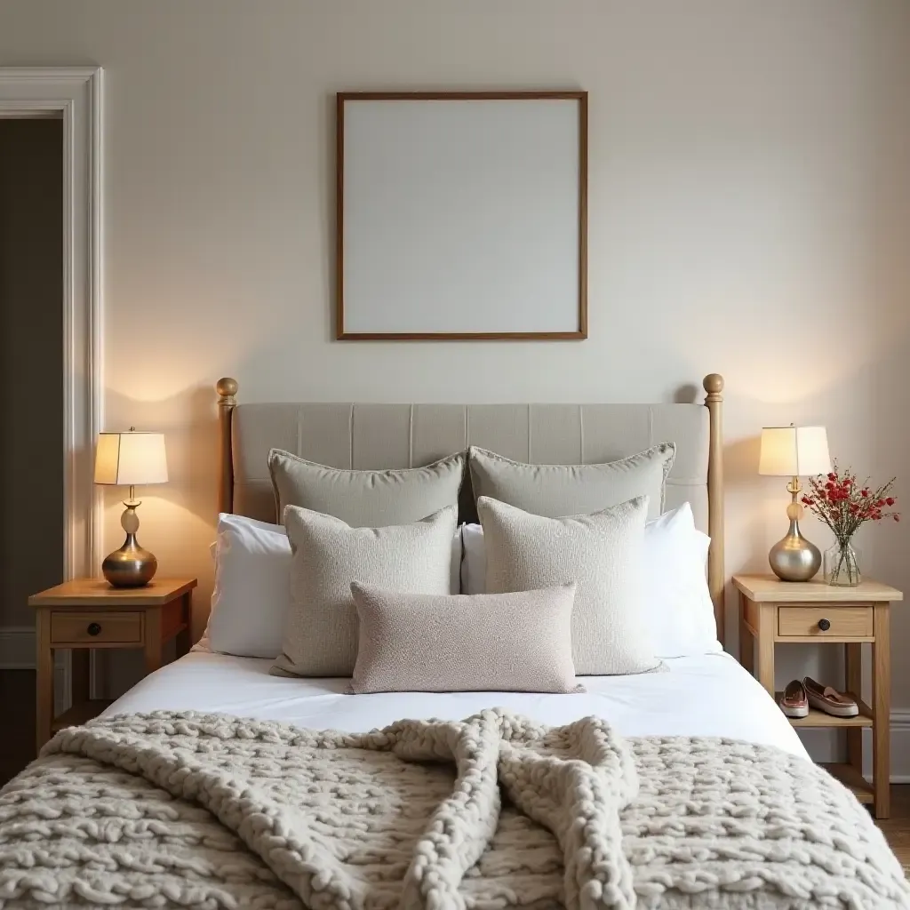 a photo of a charming bedroom with decorative pillows and a cozy throw