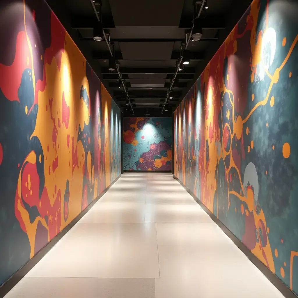 a photo of a large abstract mural in a modern corridor