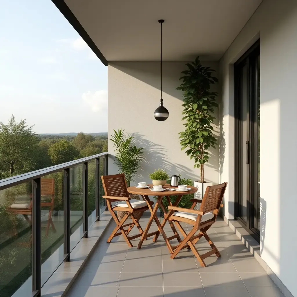 a photo of a small balcony with a foldable table and chairs