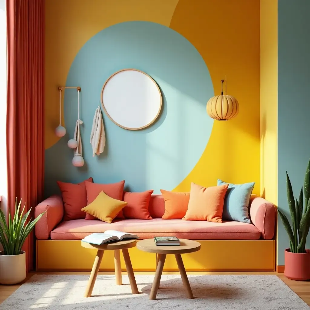 a photo of a reading nook designed with bright colors and playful elements