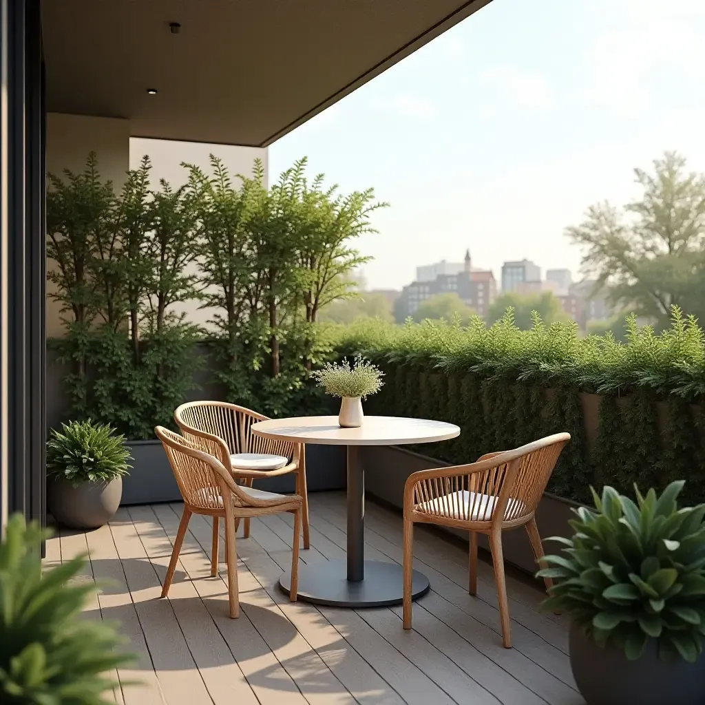 a photo of a balcony featuring a compact dining set and greenery