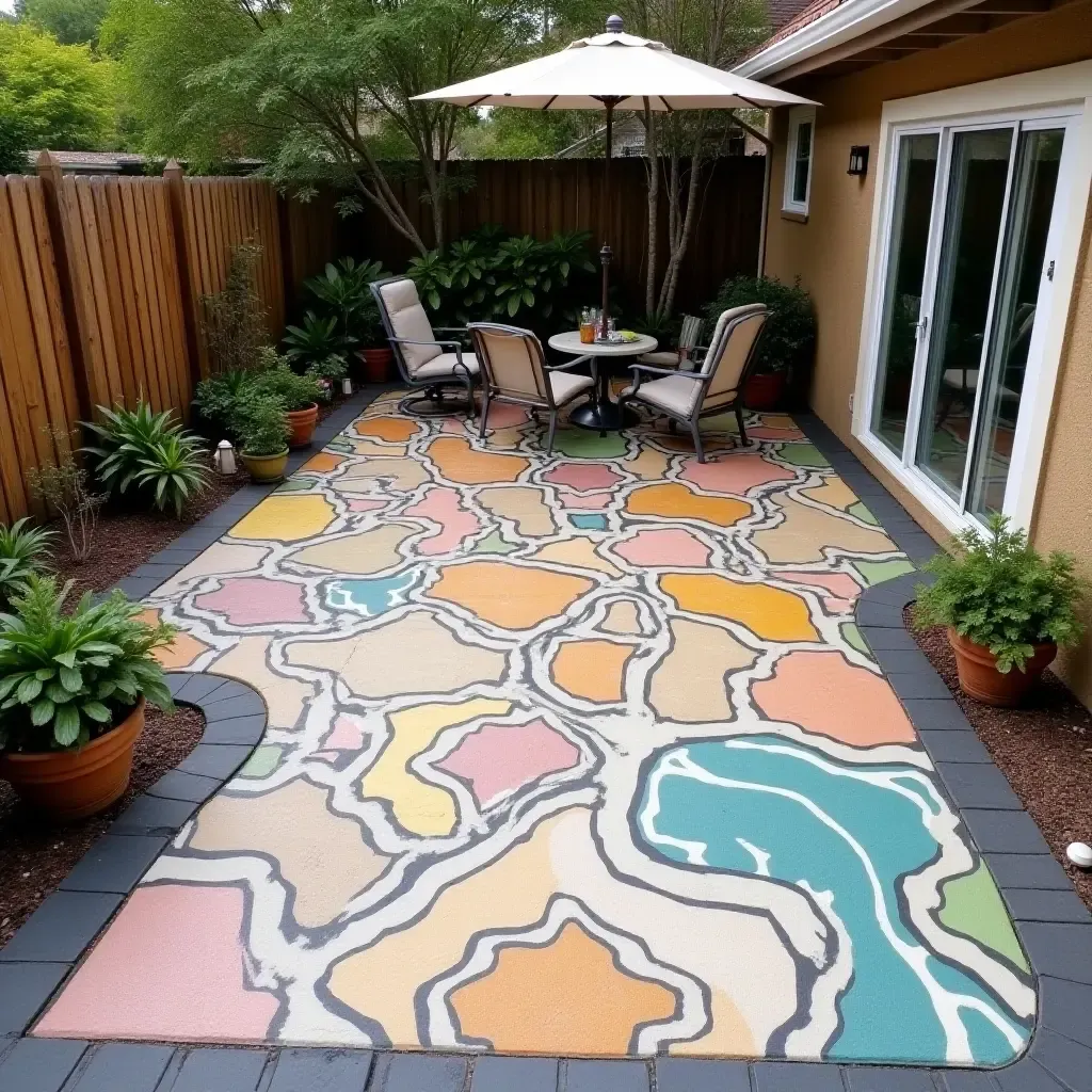 a photo of a concrete patio with painted murals and artistic decor