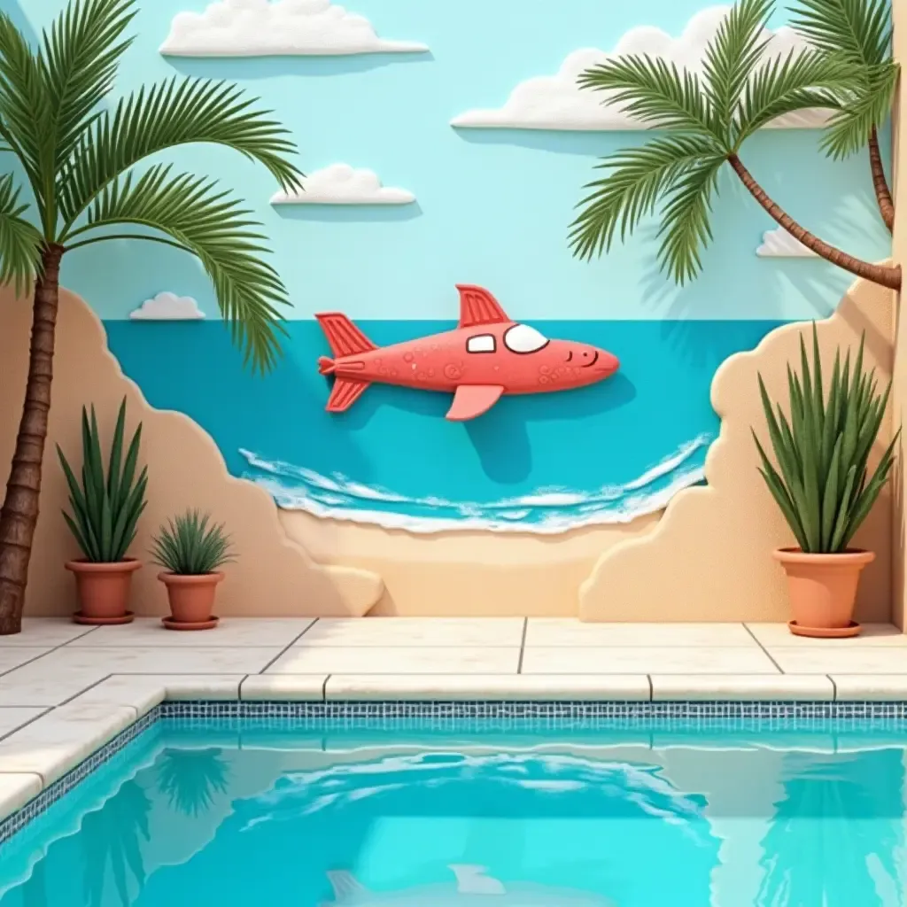 a photo of whimsical beach-themed wall art by the pool