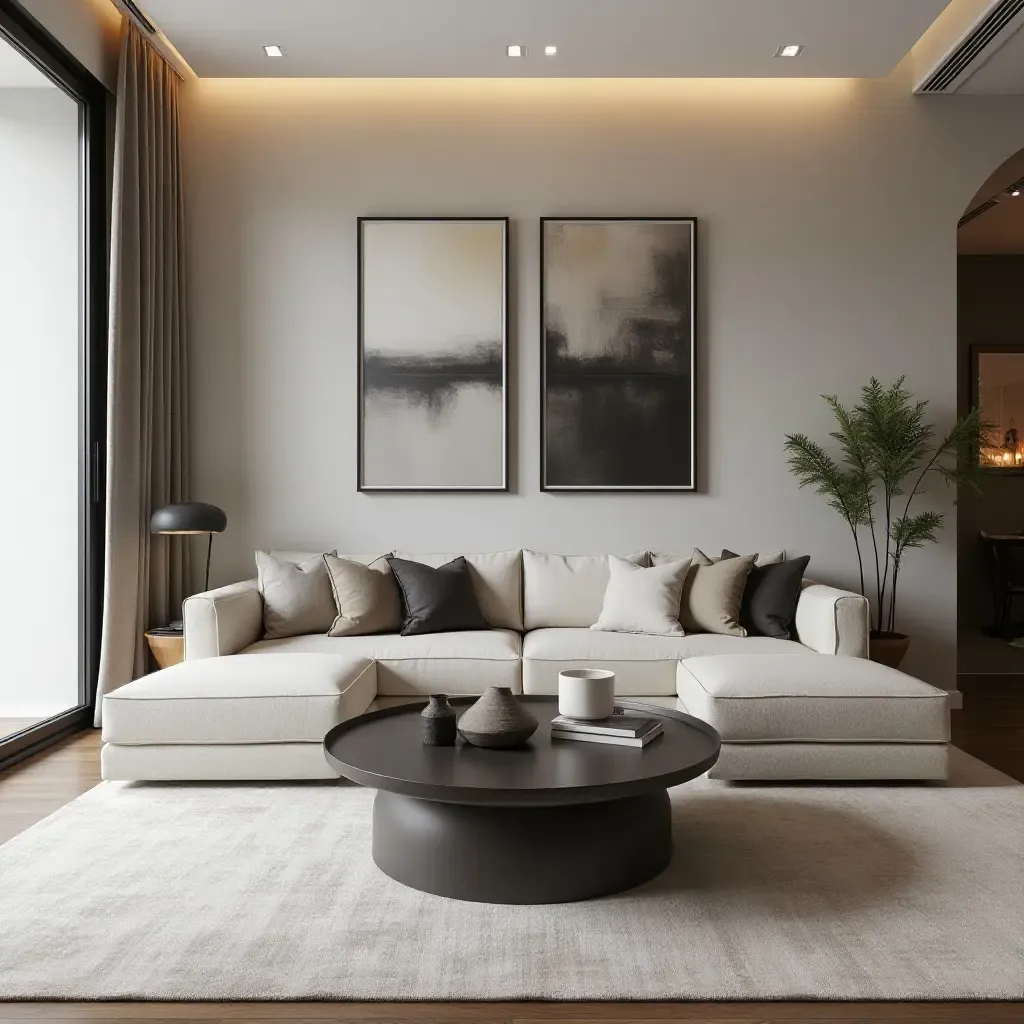 a photo of a stylish living room featuring a large metal coffee table and art