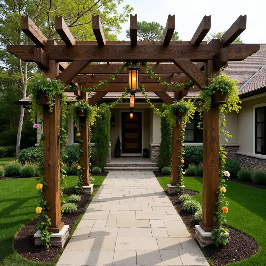 a photo of a rustic wooden pergola decorated with hanging plants and traditional lanterns