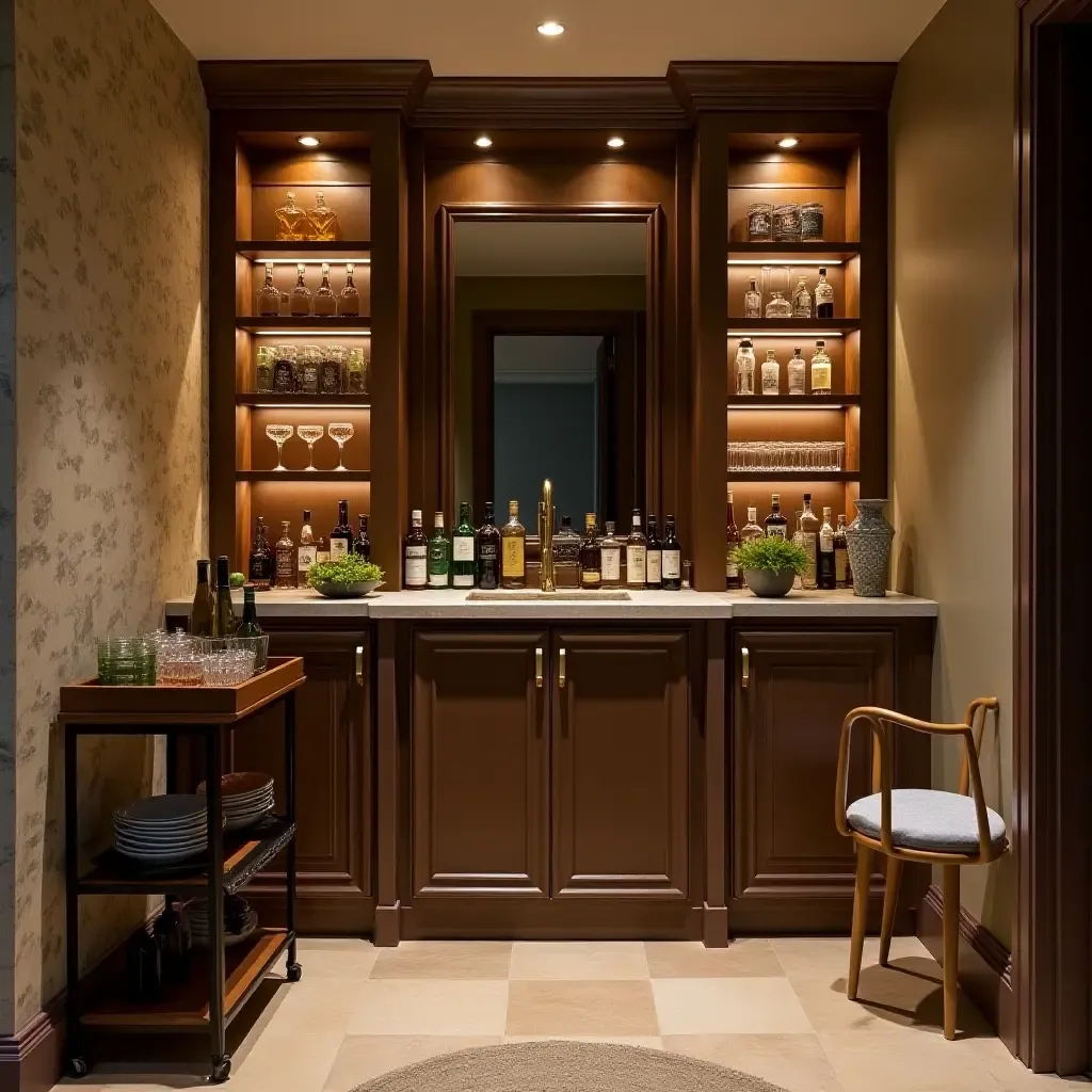 a photo of a basement with a charming bar cart and cozy seating