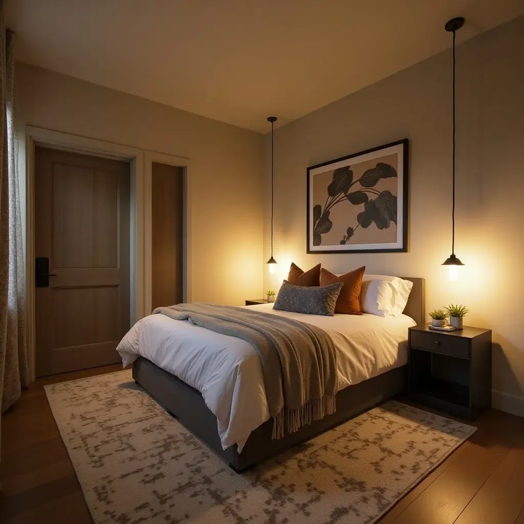 a photo of a charming basement guest room with cozy pendant lights