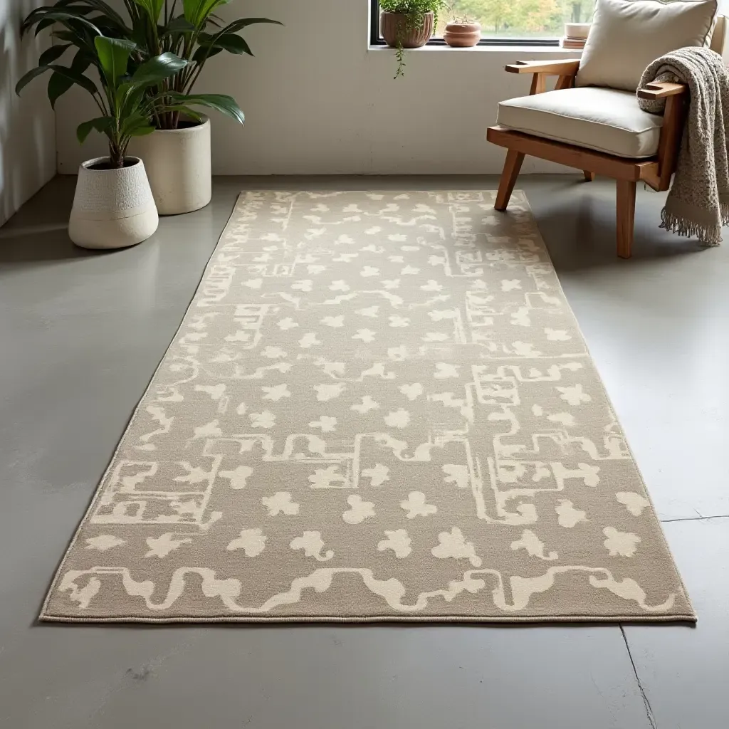 a photo of a concrete floor with a stylish area rug