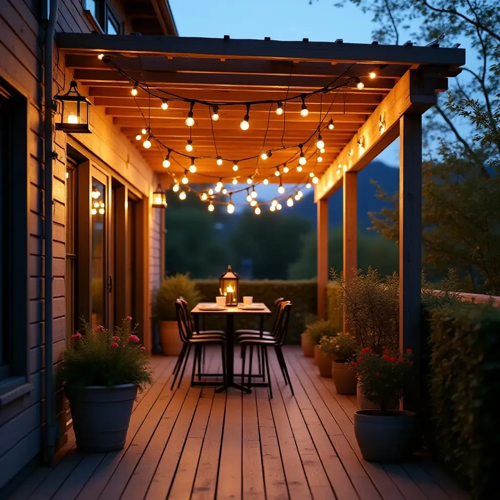 a photo of a balcony with a wooden pergola and hanging lights