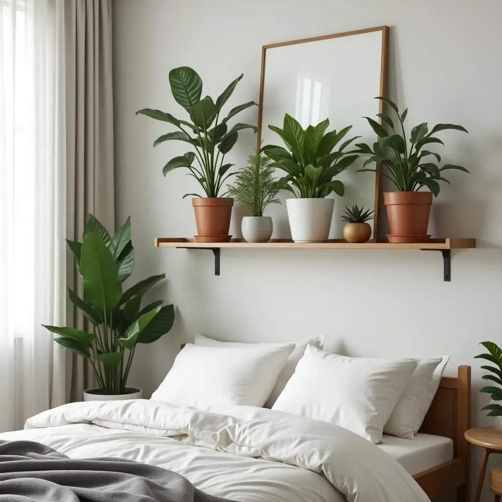 a photo of a bedroom with a plant shelfie showcasing various houseplants