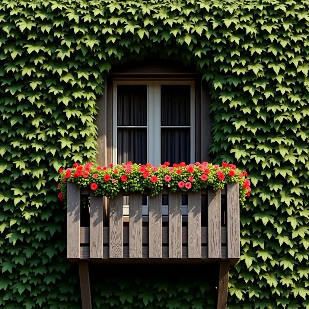 a photo of a balcony with a wooden wall covered in ivy and flowers