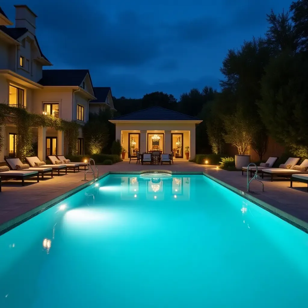 a photo of a serene pool surrounded by soft, ambient lighting