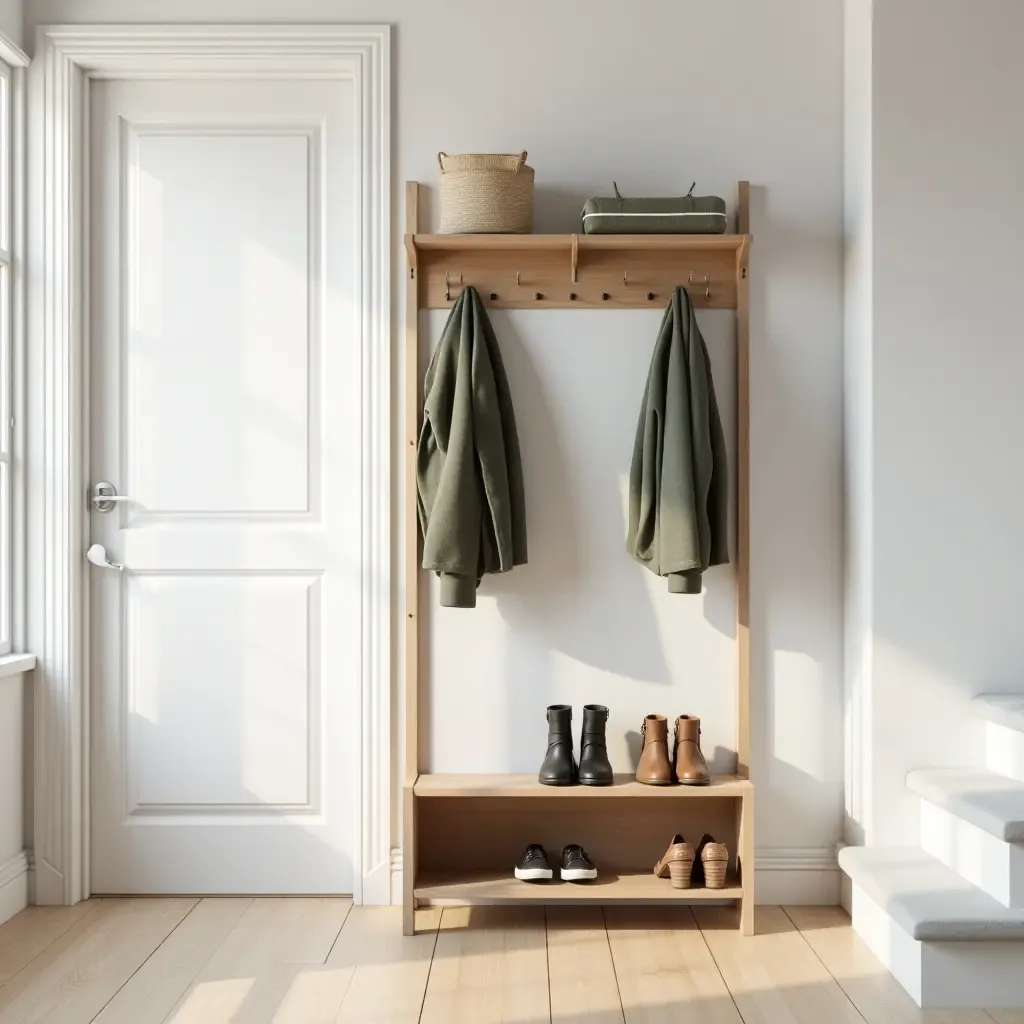 a photo of a bright hallway with a stylish coat rack and shoe organizer